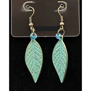 Handmade Verdigris Bronze Tone Leaf & Aqua Glass Bead Earrings by Neanie-Bot
